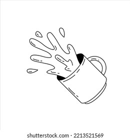 Spilled Cup of coffee. Spray and drop. Sloppy handling in kitchen. Drink with caffeine. Cartoon illustration.