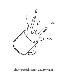 Spilled Cup of coffee. Spray and drop. Sloppy handling in kitchen. Drink with caffeine. Cartoon illustration.