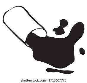 Spilled dark liquid sketch. Fallen white glass. Isolated object in flat design on white background. Vector illustration.