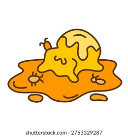spilled dessert puddle with bugs attracting to sweet sticky mess for prank