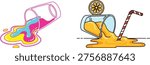 Spilled Drink Illustration Set, Cartoon Juice and Liquid Splash from Glass with Straw and Lemon Slice, Colorful Beverage Mess Icons Isolated on White Background