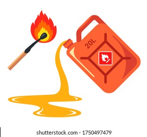 spilled gas from a canister. banner caution flammable. Flat vector illustration isolated on white background.