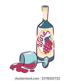 Spilled glass of red wine, bottle of wine carton vector illustration. Anti Valentine's day symbol, hand drawn non romantic icon.