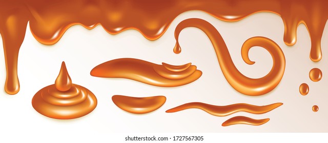 Spilled maple syrup or liquid caramel isolated on white background. 3d realistic illustration of flowing vanilla toffee sauce, honey or brown sugar syrup collection with vector brushes