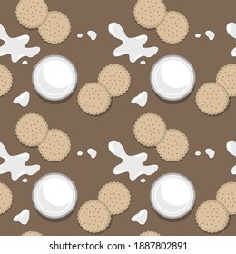 Spilled milk with cookies on the table. A light snack during the day. Delicious cookies with milk. Seamless pattern in the style of flat graphics