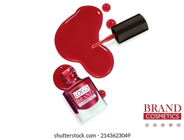 Spilled nail polish enamel red with brush and bottle on white background . Top view 