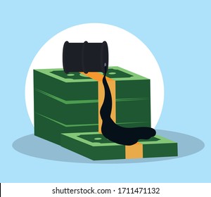 spilled oil barrel on wad of money over white background, colorful design, vector illustration