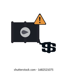 spilled oil barrel with warning sign and money symbol icon over white background, silhoflatuette style, vector illustration