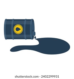 Spilled oil. An overturned barrel of fuel. Oil leak. Environmental pollution. Vector illustration flat design. Isolated on white background.