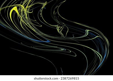 Spilled oil paint shimmers on a black background. Abstract geometric illustration of doodle waves with a felt-tip pen with a gradient on a dark background. Creative cover, wallpaper, flyer design.