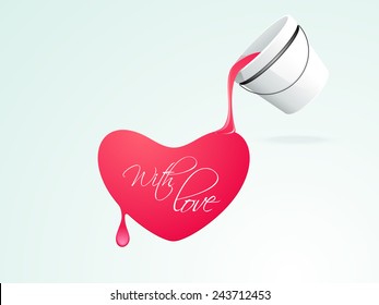 Spilled paint forming a heart shape with text Love on shiny sky blue background for Happy Valentine's Day celebration.