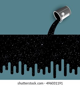 Spilled Paint Pouring From Bucket And Starry Night Sky. Concept Vector Illustration