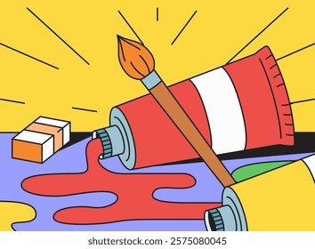 Spilled paint tubes and a brush cartoon vector illustration ideal for art and creativity themes