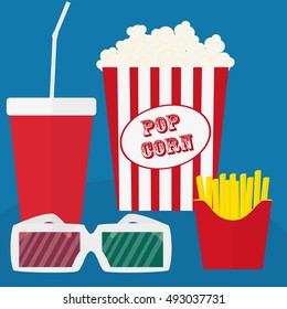 Spilled popcorn on a blue background, cinema, movies and entertainment concept, soda water in glass