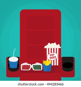 Spilled popcorn on a green background, cinema, movies and entertainment concept, soda water in glass