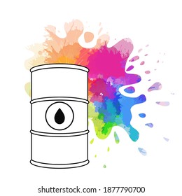 Spilled rainbow oil. Vector outline illustration of oil barrel, oil splash and drops around. Watercolor splashes. The object is separate from the background. Increasing demand. Fuel shortage.