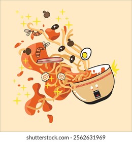 Spilled ramen bowl illustration with cartoon expression