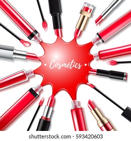 Spilled red lip gloss with applicators background. Round splash. Make-up cosmetic products vector 3D illustration. Good for ads banner poster design.