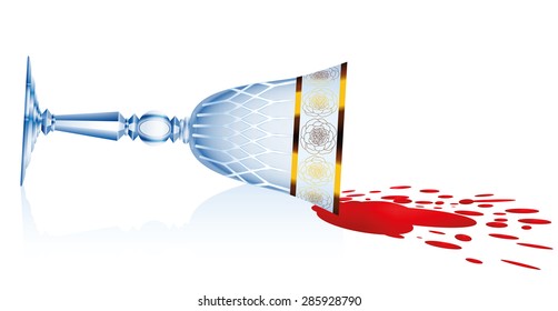 Spilled Red Wine, Tipped Crystal Glass. Isolated Vector Illustration Over White Background.