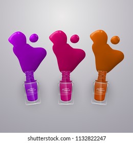 Spilled some nail Polishes on light background. Nail Polishes of bright colors, vector eps 10 illustration