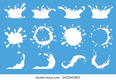 Spilled and splashed milk. Splashes of white fresh delicious milk drink. Rural ecological products. Vector illustration