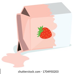 Spilled Strawberry Milk Pink Snack Drink Box Carton Isolated On White Background Cartoon