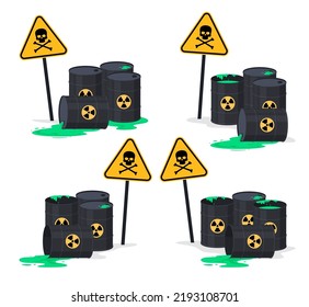 Verschüttete toxische Stoffe. Fässer für chemische giftige Stoffe. Verschiedene Arten von Fässer. Lagerung flüssiger Stoffe. Vektorgrafik