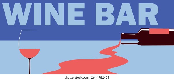 Spilled wine, bottle, glass, horizontal format, flat design. For restaurant menu, kitchen design, alcoholism illustration, booze, rose wine, flyer for drink party