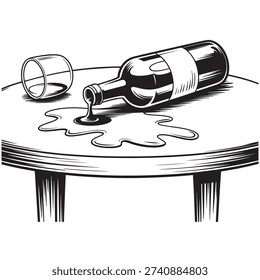 Spilled Wine Bottle on Table Black and White Illustration Clipart