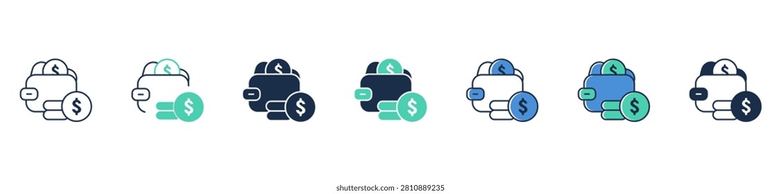Spilling coins wallet icon set collection. Loose change coin overflow cash flow spending money out budget sign vector
