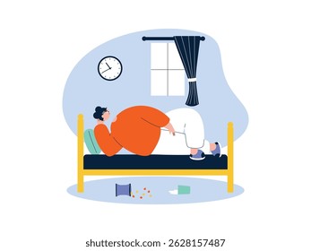 Derramando comida e bebidas no quarto sem arrumar, ilustração de vetor de preguiça.