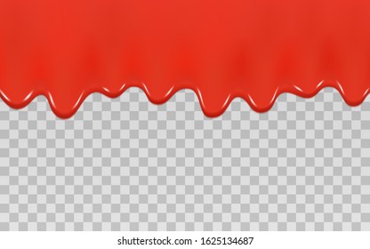 Spilling ketchup sauce isolated on a transparent background. Vector illustration of realistic red liquid dripping ketchup or spilled jam, flowing jelly sauce.