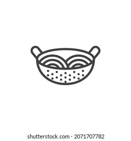 Spilling noodles line icon. linear style sign for mobile concept and web design. Noodles strainer outline vector icon. Symbol, logo illustration. Vector graphics