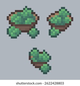 Spills over vegetable in the bowl set with different size in pixel art style