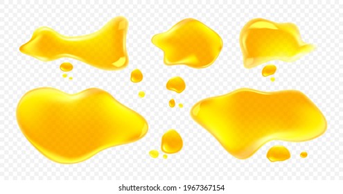 Spills of yellow juice, oil or honey isolated on transparent background. Vector realistic set of clear liquid puddles and drops of orange, lemon or mango juice top view