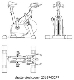 Spin bike isolated on white background. Fitness, cardio, and muscle building machines. Exercise and gym concept. Vector illustration.