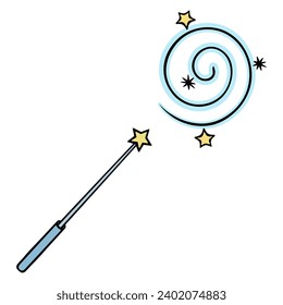Spin the blue magic wand. A wand with a gold star at the end spins magical blue dust into a spiral. A tool to create a wonderful atmosphere. Color vector illustration.