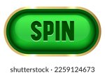 Spin button in a golden frame. Green button for online casino. Vector clipart isolated on black background.