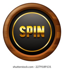Spin button. Golden letters on a black background with a wooden frame. Buttons for online casino. Vector clipart isolated on black background.