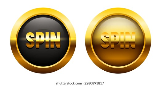 Spin button. Golden letters on a black background. Buttons for online casino. Vector clipart isolated on black background.