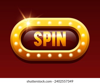 Spin button. Red button in a gold frame. Button for online casino. Vector clipart isolated on black background.