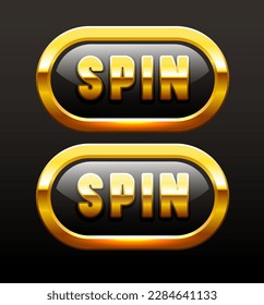Spin button set. Golden buttons for online casino. Vector clipart isolated on black background.