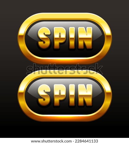 Spin button set. Golden buttons for online casino. Vector clipart isolated on black background.