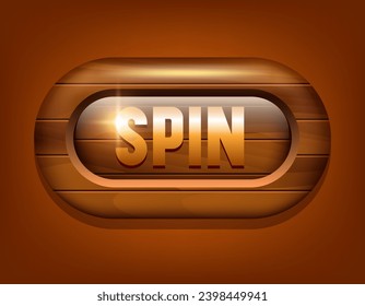 Botón Spin. Botón giratorio de madera aislado sobre fondo marrón.
