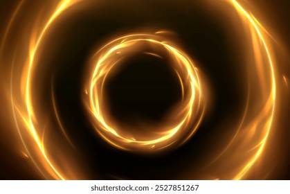 Spin fire rings with glowing tongues of flame and sparks. Realistic 3d vector illustration of round fiery frame with light effect. Magic portal with bright yellow hot burnt circles with blaze.