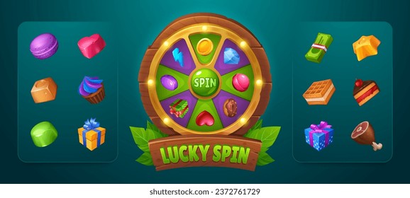 Spin game user interface design element. Wooden lucky wheel or casino fortune roulette decorated with lights with collection of prizes icons. Cartoon vector illustration of gui for rotational gambling