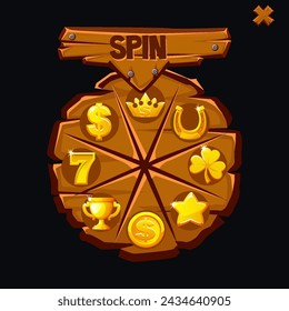 Spin game user interface design element. Wooden lucky wheel or casino fortune roulette decorated with golden icons