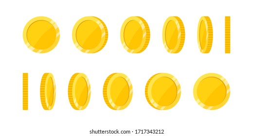 Moneda dorada girada sobre fondo blanco, conjunto de iconos de rotación en diferentes ángulos para la animación. Ilustración vectorial plana.