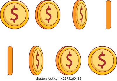 Spin gold coin on white background, set of rotation icons at different angles for animation. Flat vector illustration.