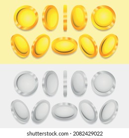 Spin gold coin , set of rotation icons at different angles for animation. Flat vector illustration.